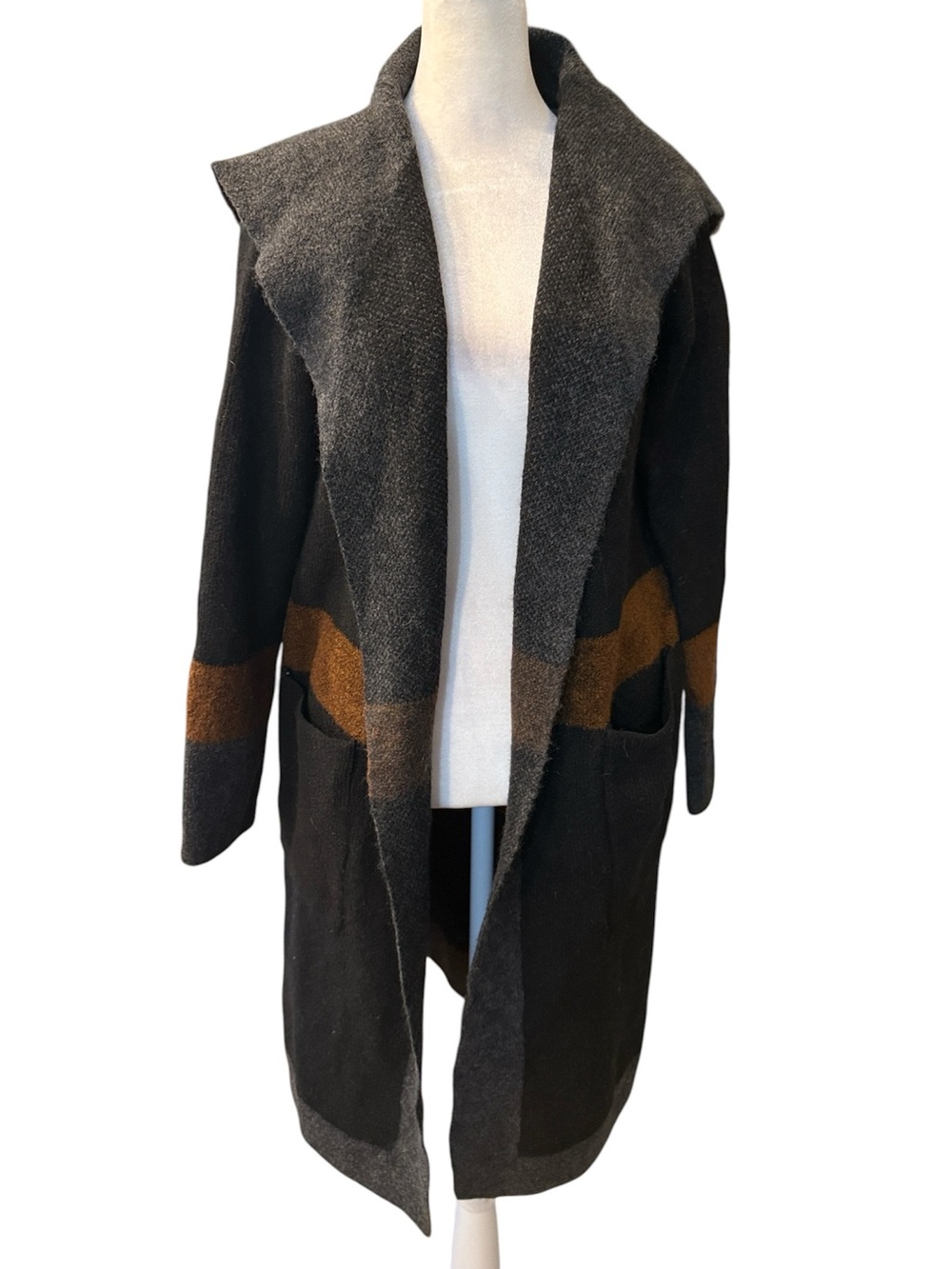 Max Studio Color Block Long Cardigan Gray Black Camel Shawl Collar XS NWT